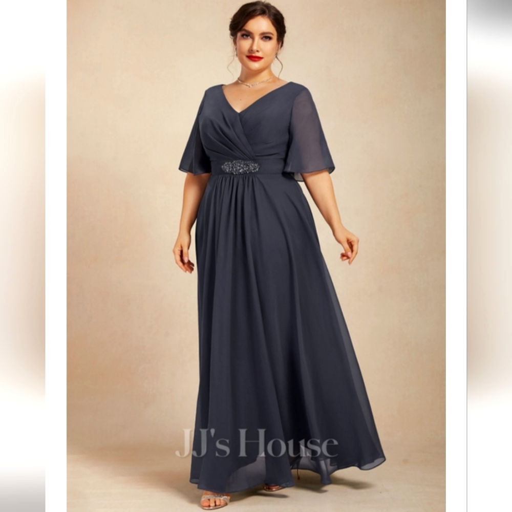 JJ's House A-line Ankle Length V-neck Navy Blue Chiffon Dress